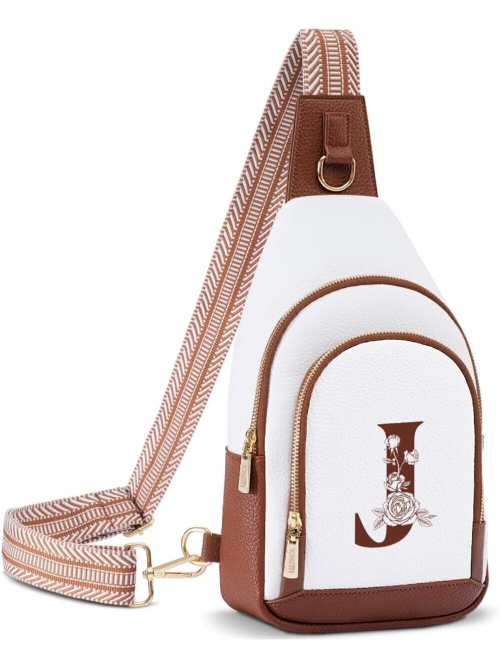 Women's Cream Brown Initial Letter Pack Zipper Leather Chest Crossbody Bag